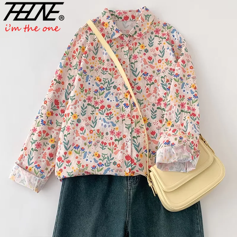 THHONE بلوزة حريمي ربيعية أنيقة 2025 Blusa Mujer قمصان واحدة الصدر فضفاضة طباعة خمر ملابس نسائية غير رسمية قمصان