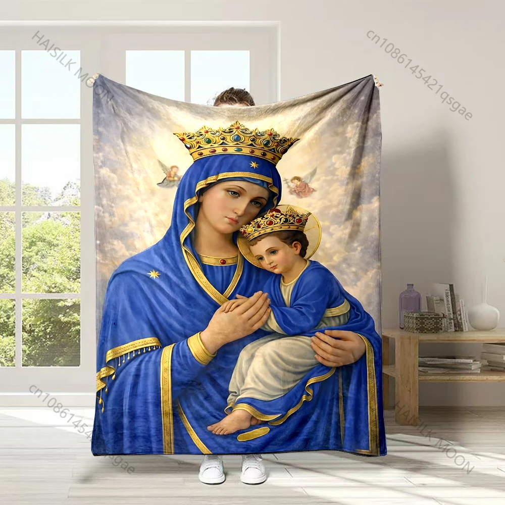 Crowned The Virgin Mary and child Faith-printed Flannel Blanket Soft and Warm Suitable for Home Travel Picnics Camping RV Use
