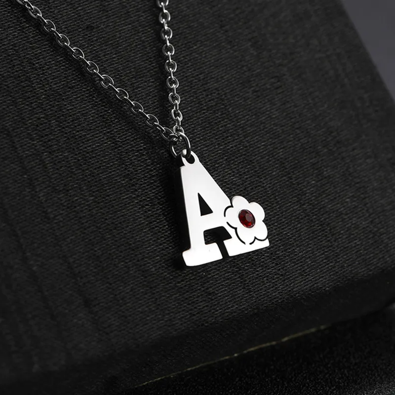 Stainless Steel 26 Letters Necklace Flower Alphabet Pendant with Red Stone Choker Necklace Initial Single Name Necklace Jewelry