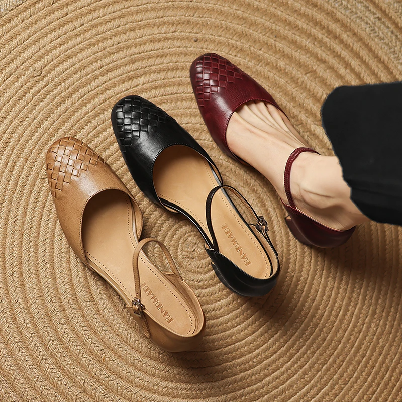 2026 new summer women sandals natural leather 22-25cm weave cowhide+pigskin round toe ankle-buckle thick heel women shoes