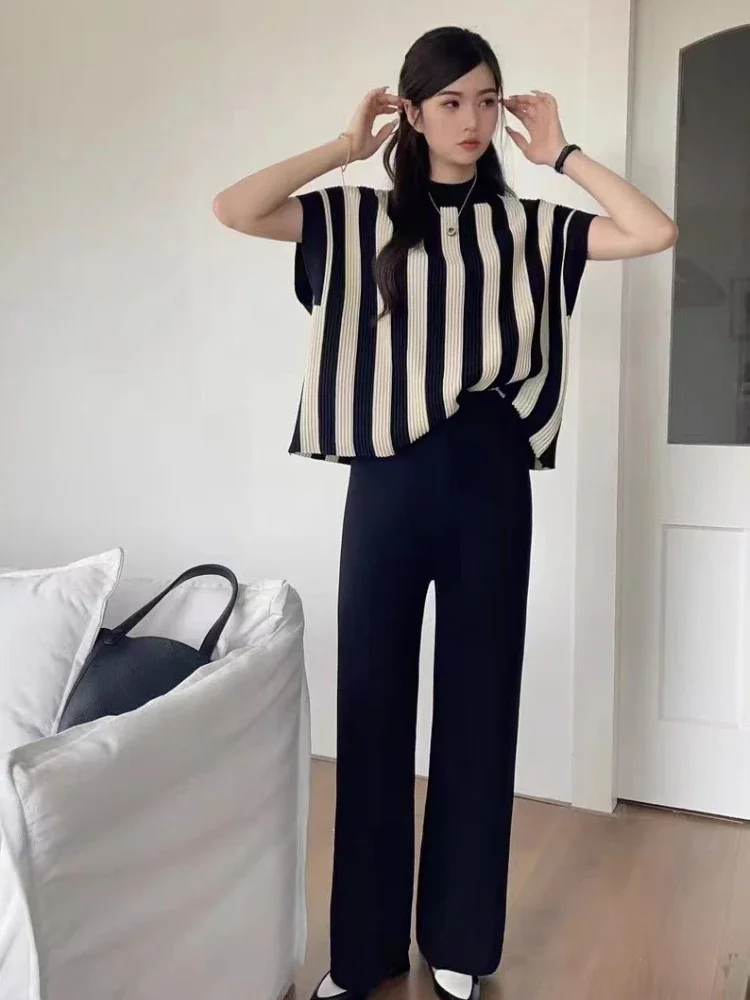 Elegant Pullover Women Suit Wide Leg Pants 2 Piece O-neck Casual Striped Top Ladies Sweatshirts Summer Female Clothing Pants Set