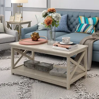 Image Coffee Table, Modern Farmhouse Wood Coffee Table with 2-Tier Storage, 40 Inch