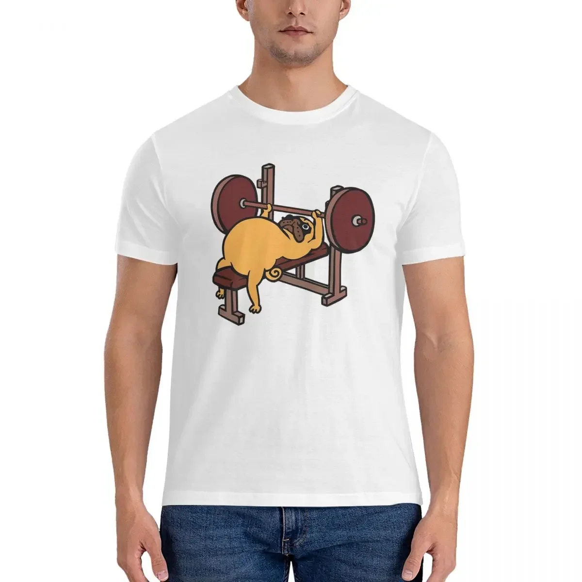 Pug Bench Press T-Shirt for Men Cotton Plus Size T Shirts Men's Tees Short Round Neck Summer Clothes Tops S-6XL