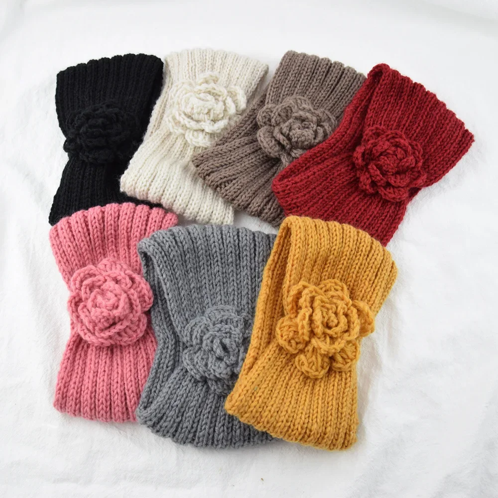 

Women Rose Flower Knitted Headbands Women Autumn Winter Crochet Head Wrap wide Woolen Hairband Turban Bandana Hair Accessories