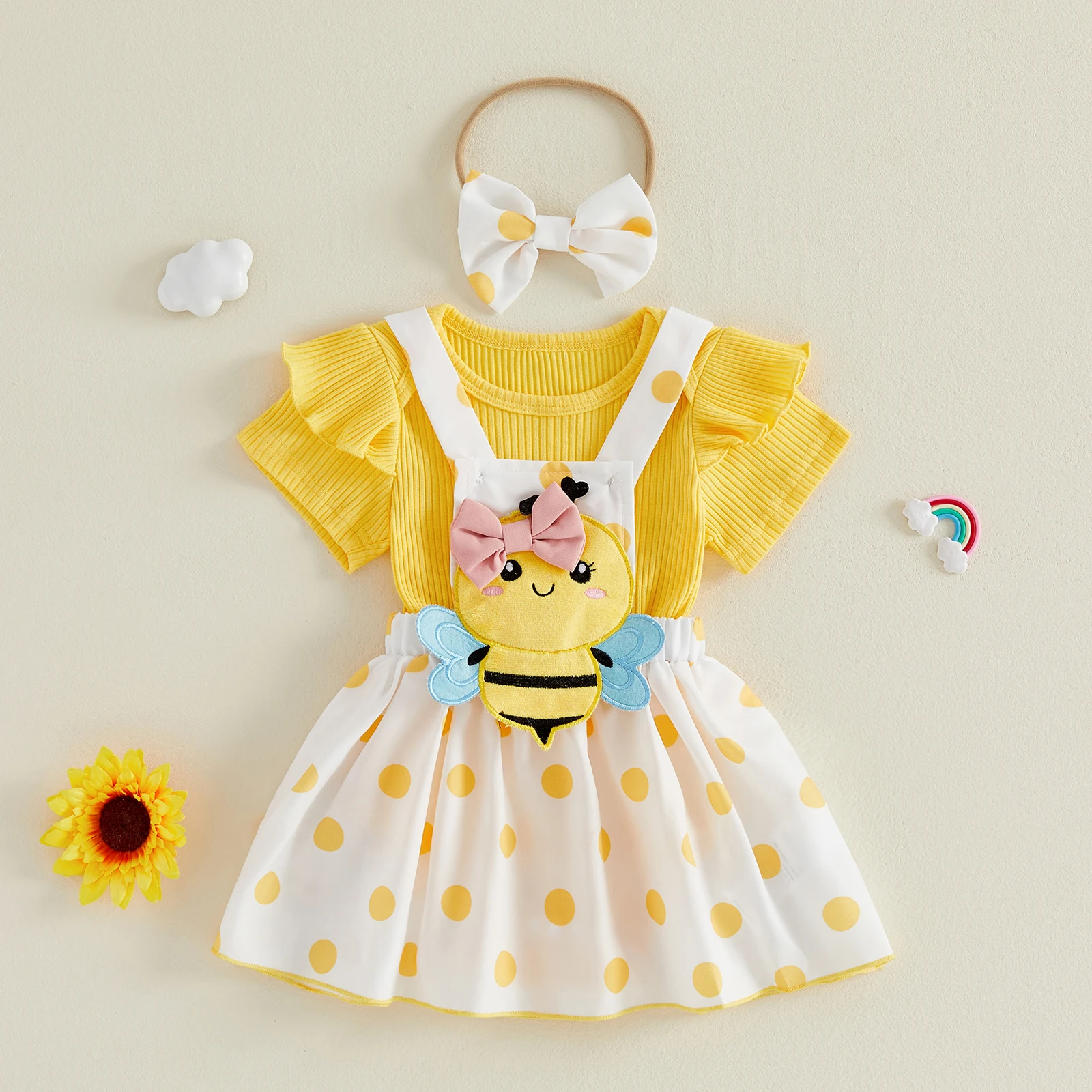 

Newborn Baby Girl Bee Outfit Short Sleeve Ribbed Romper Polka Dot Suspender Skirt Overall Dress Summer Clothes