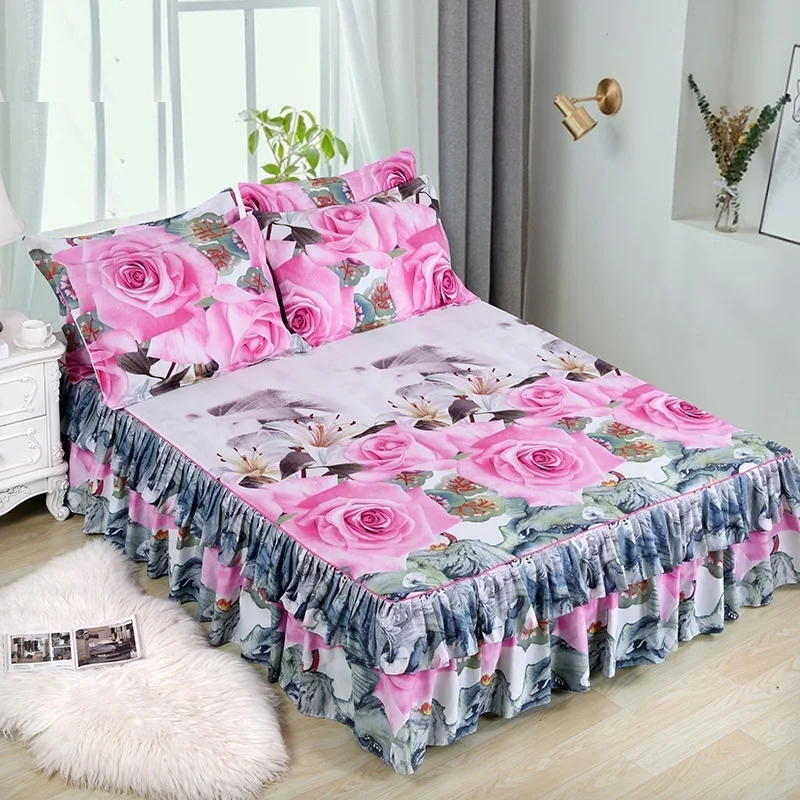 

1pc Bed Skirt + 2pcs Pillowcase Bedding Set Sanding Soft Bedspread King Queen Size Double Layer Bed Skirt