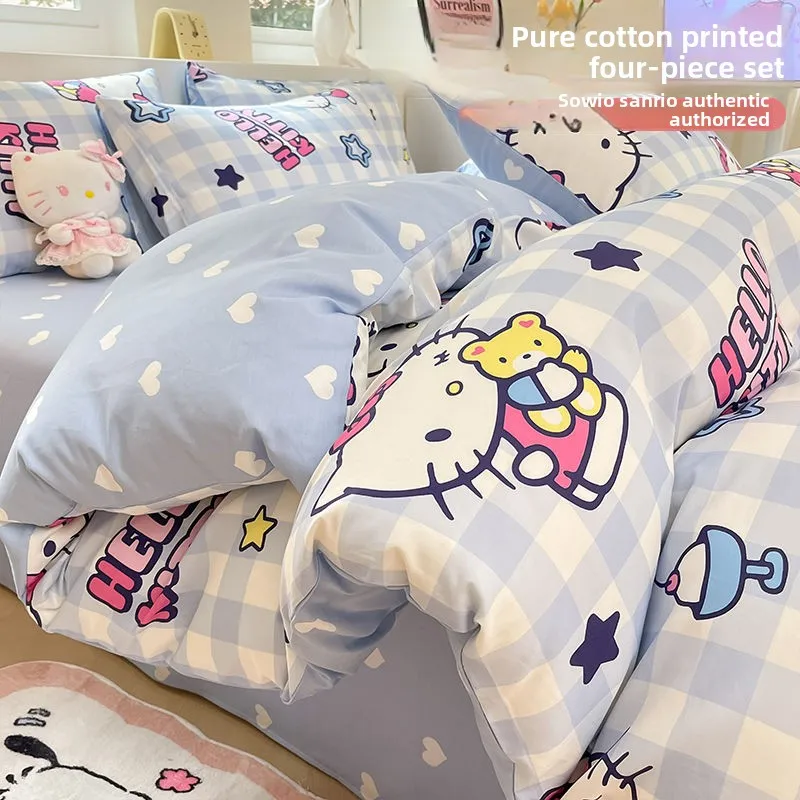 

Натуральный мультфильм Hello Kitty, 100% хлопок, комплект из четырех предметов, хлопок Sanrio Kt, простыня, пододеяльник, наволочка, комплект из трех предметов