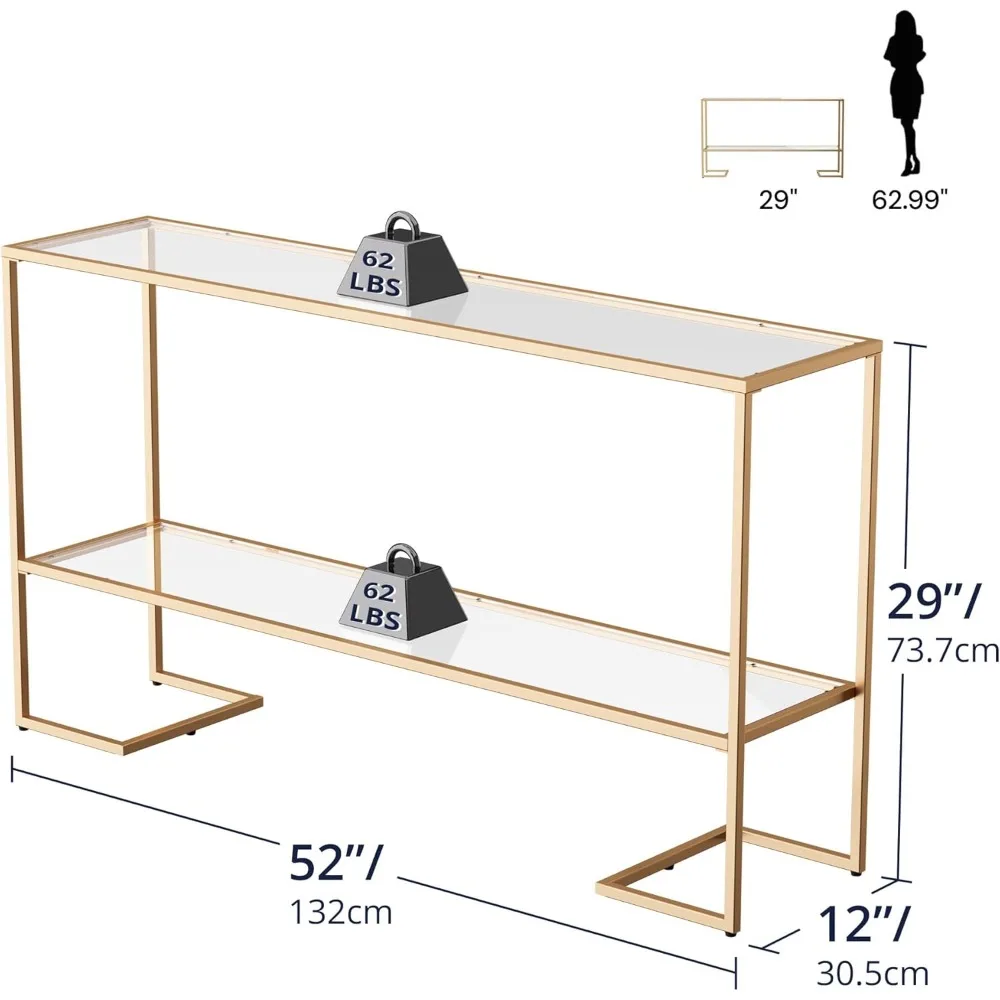 Castle 52 Entryway Table, 2-Tier Narrow Console Table, Tempered Glass Sofa Table with Metal Frame, Entry Table