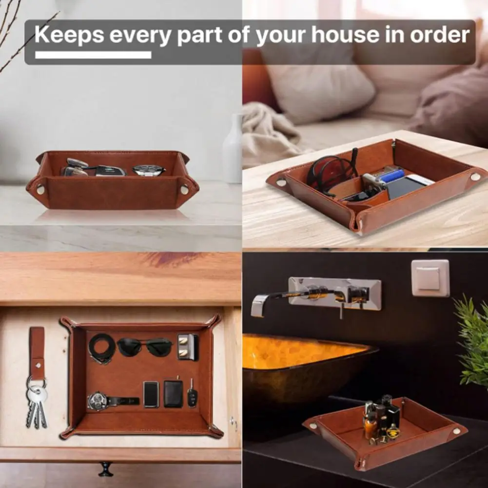 Tray Organizer Waterproof Faux Leather Storage Tray with Keychain Desk Organizer for Wallets Watches Tv Remotes Home Office Use