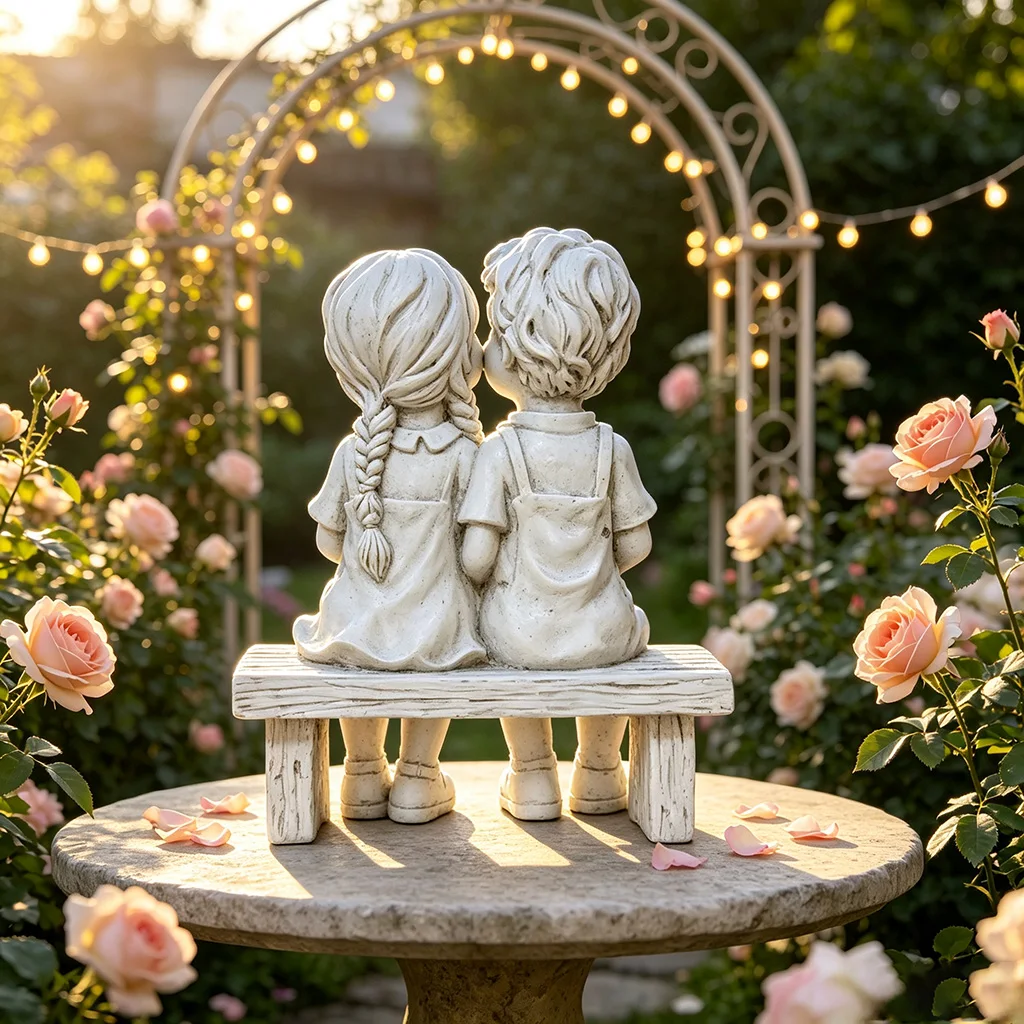 Cute Little Boy And Girl Resin Statue, Couple Figurine Sitting On Bench, Aesthetic Home Desktop Ornament, Garden Courtyard Art