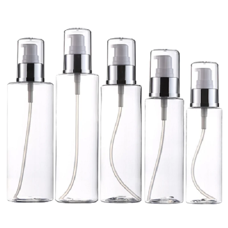 

20pcs Portable Plastic Clear Bottle Flat Shoulder PET Lotion Press Pump With Cover 100ml 120ml 150ml 200ml 250ml Container