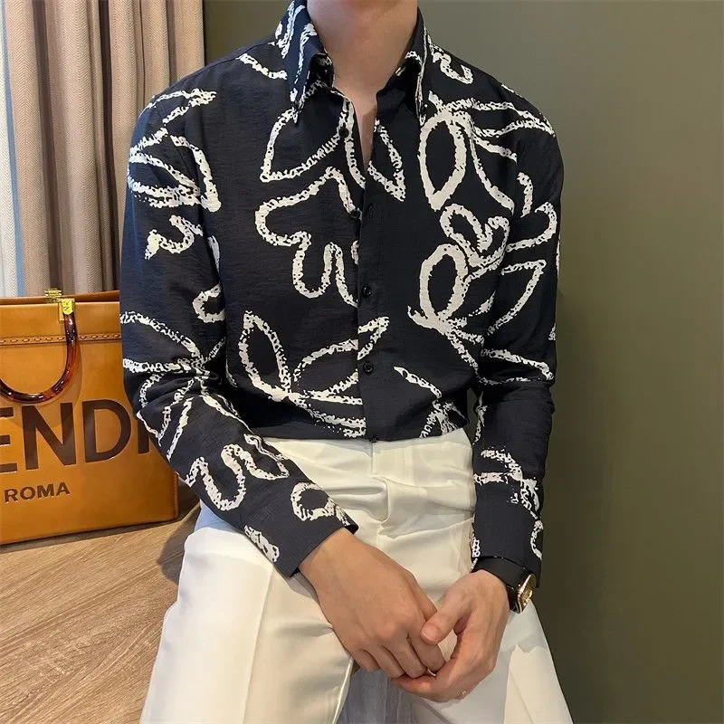Trendy and Versatile Long-sleeved Printed Thin Shirt New Casual Fashion Men's