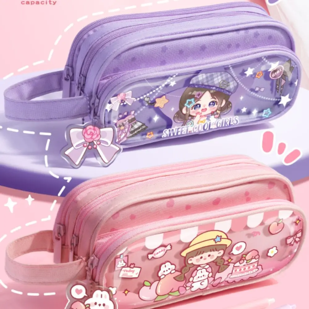 Three-Layers Cartoon Girls Pencil Bag Large Capacity Astronaut Large Capacity Pencil Pouch with Keychain Waterproof