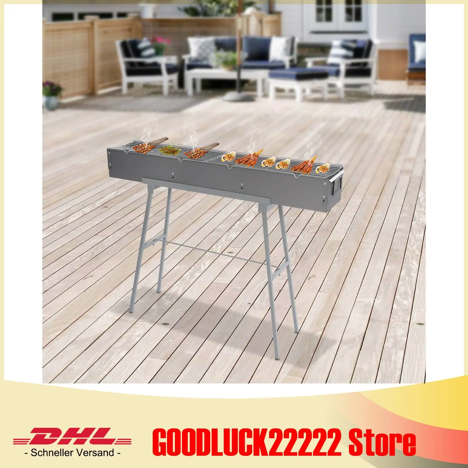 Tragbarer Grill, Campinggrill mit Ständer, 100 x 18 cm großes Lagerfeuergrill-Set inklusive klappbaren Beinen und 2 geraden Kochgittern – Detail 1