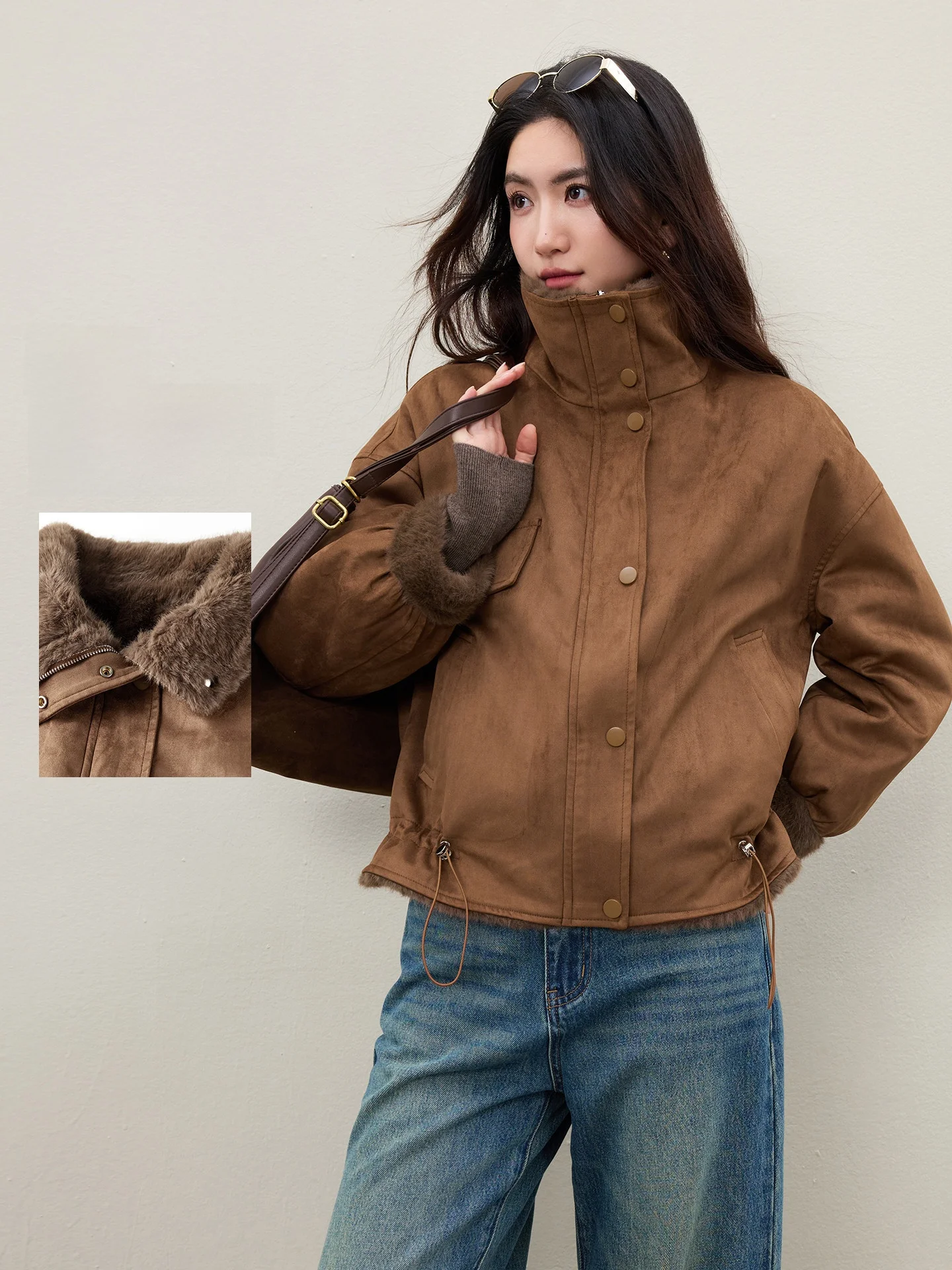 Jaqueta Feminina Retrô Dupla Face de Camurça, Casaco de Inverno Quente com Forro de Couro e Pelo, Estilo Simples, Manga Longa, Caimento Solto