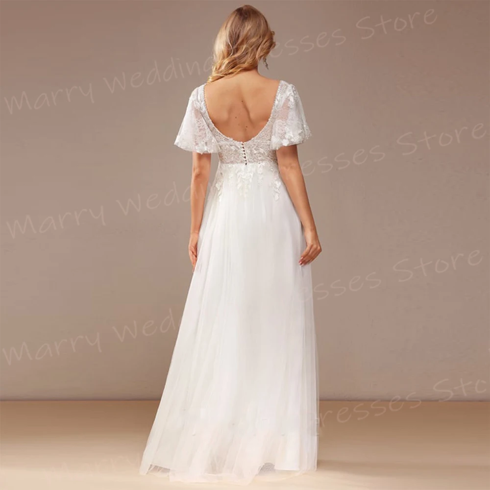 Menarik garis gaun pernikahan wanita indah renda applique gaun pengantin seksi V leher Lengan gaun Backless Robe De marifee