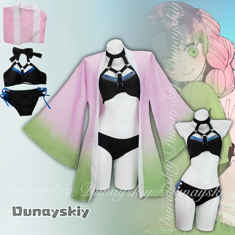 {Hemera}Anime Kanroji Mitsuri Cosplay Swimsuit Costume Two Pcs Swimsuit Female Cardigan Swimsuit Set Halloween Disguise Women view 2