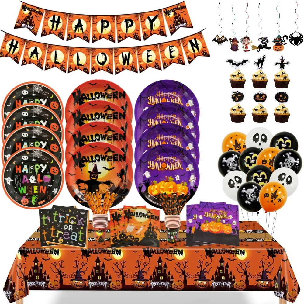 Halloween Pumpkin Disposable Tableware Bat Skeleton Castle Paper Plates Cups Napkins for Halloween Horror Party Decor Supplies