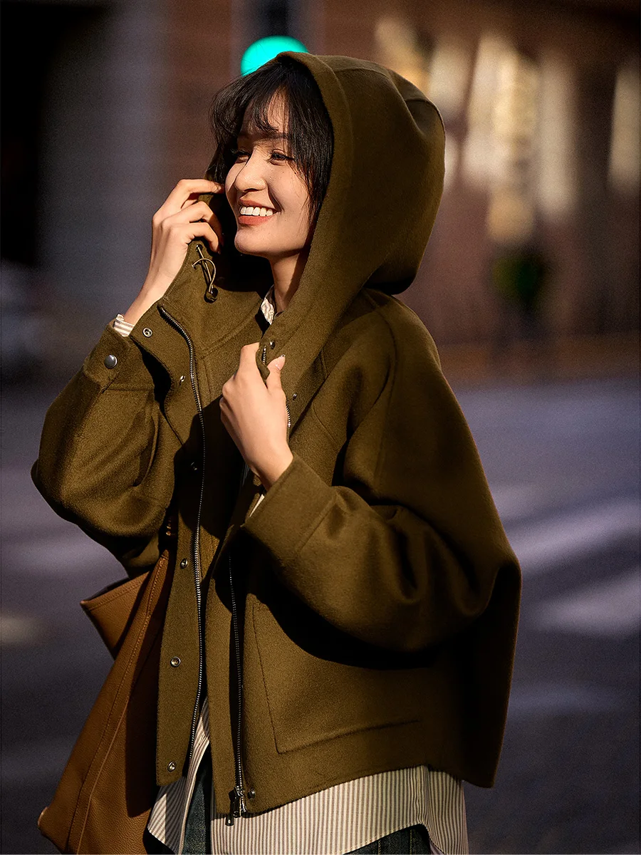 

Light Warm Silk Woolen ort Coat with Hood by Xhange Spring 2026 OL Sle Loose Fit Long Sve Zipper Closure Pure Color