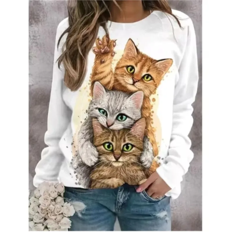 Kawaii Cat Women\'s T-Shirt 3D Print Casual Long Sleeve Tees Oversized Harajuku T-Shirt Clothing Daily Blouse Female Loose Tops