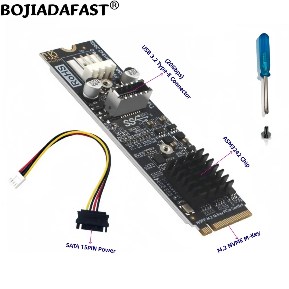 20Gbps USB 3.2 Type-E (Front Type-C) Connector to 2280 NGFF M.2 NVME M-Key Interface Adapter Expansion Riser Card ASM3242