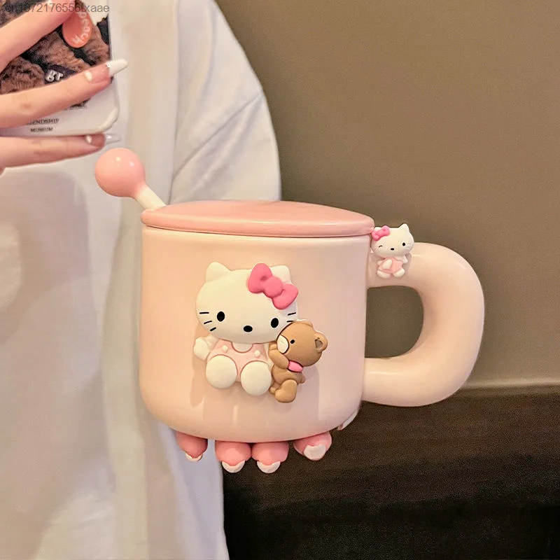 Sanrio Hello Kitty Ceramic Cup With Lid Spoon Design Mug 3D Breakfast Drinking Cup Women's Office Coffee Cup Girl Birthday Gift