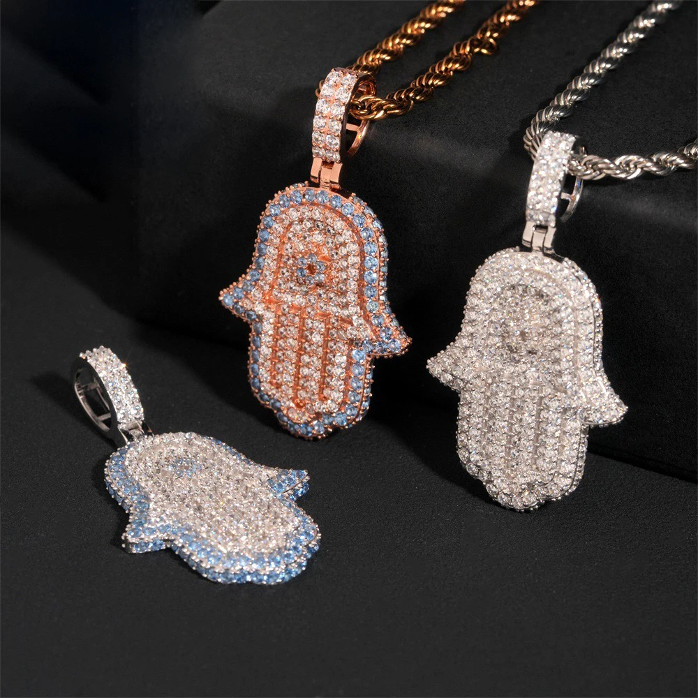 Iced Bling 5a Zircon Hamsa Pendant 925 Sterling Silver Hiphop Rock Fatima Hand Necklaces Women Men  with Rope Chain Wholesale