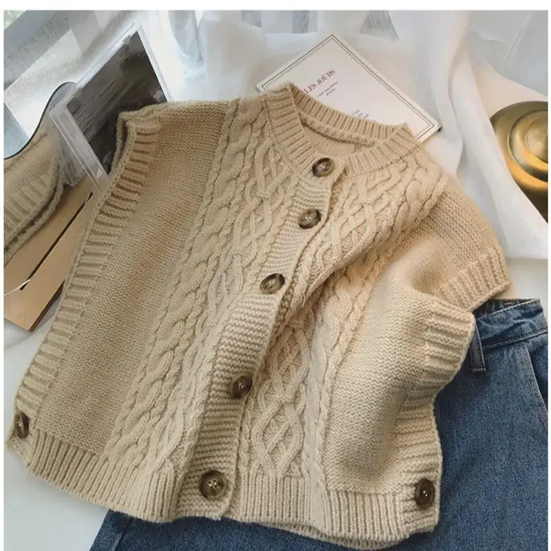 

Spring Autumn 2024 New Thread Sweater Vest Women's Loose Sleeveless Knit Tank Vintage Japanese Style Round Neck Short Top