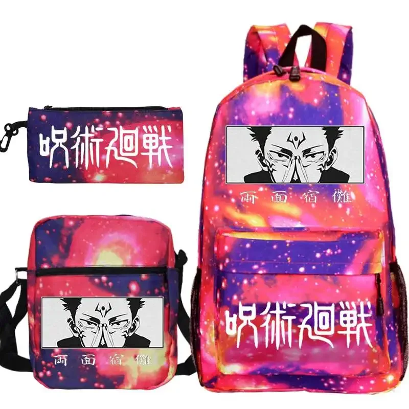 Jujutsu kaisen mochila 3 pçs conjunto meninas meninos saco de escola crianças mochila anime ryomen sukuna mochila portátil com sacos ombro