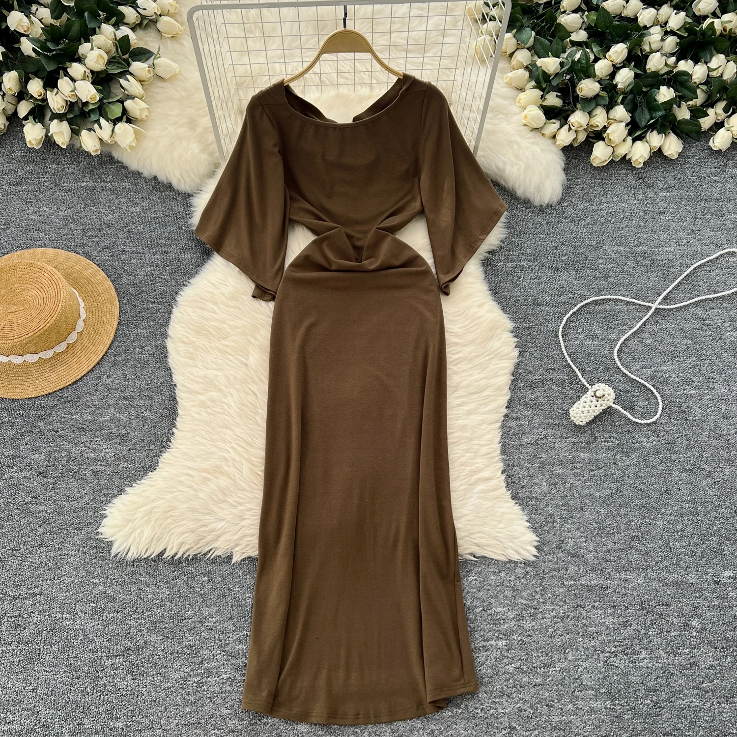 Elegant Vintage Swinging Collar Chic Short Flare Sleeve Slim Pleated Dresses Women Korean Evening High Street Summer Clothing