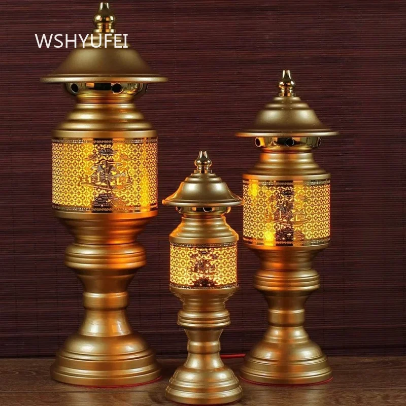 2pcs Golden Altar Lamps with Intricate Glowing Pattern Temple Style Table Lanterns for Home Meditation Room Decor Eternal Flame