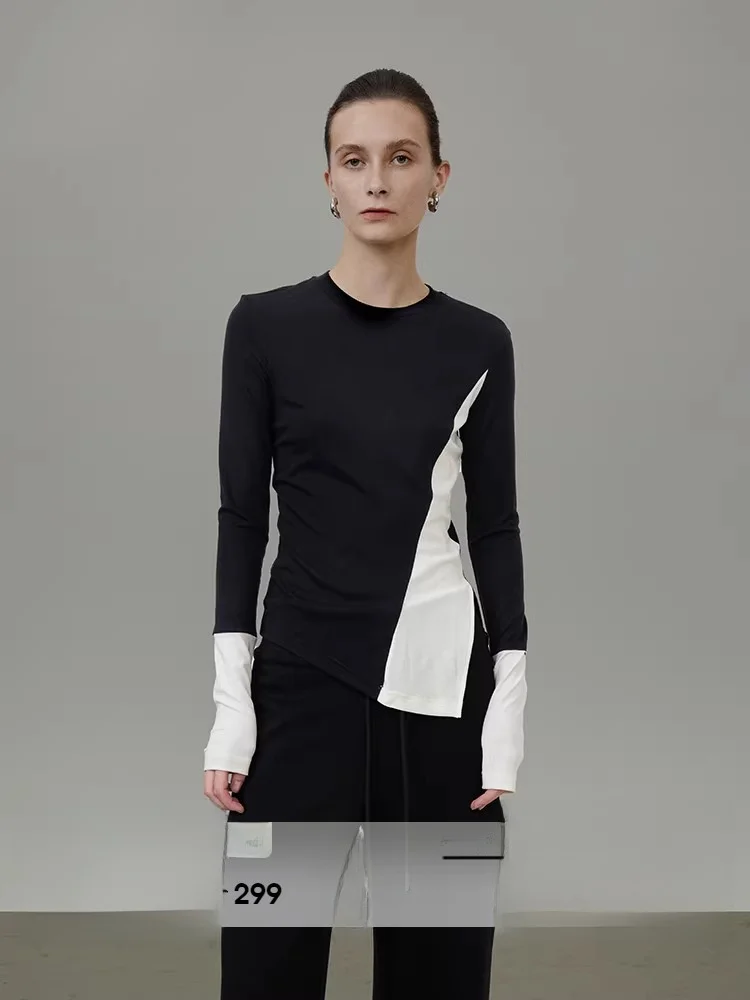 

Color-Blo Knitted Top Women's Slim Fit round Ne Long Sve Spring Faion Asymmetrical Hemline Casual Comfortable Knitwear