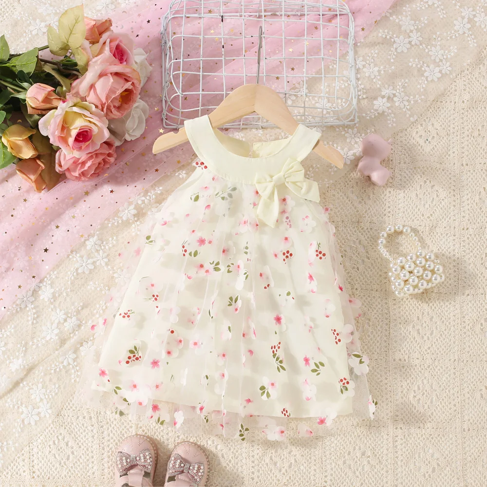 Summer New Girls Full Body Flower Sleeveless Mesh Skirt Baby Girl\'s Personalized Collar Bow Dress Suitable For Ages 0 To 3