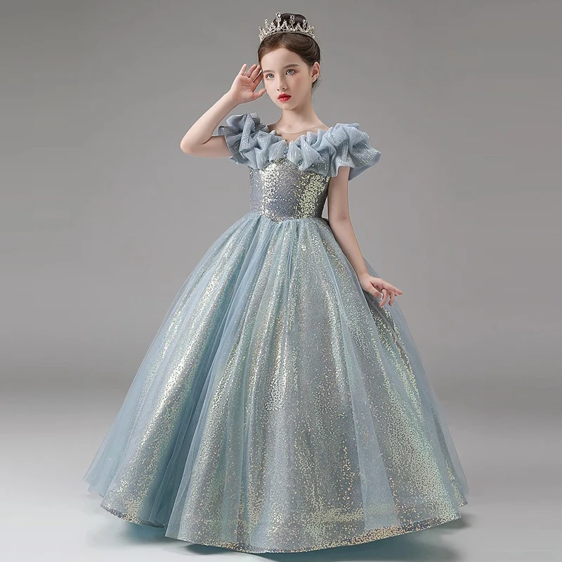 Vestito da principessa blu per bambini per ragazze festa di compleanno per bambini abiti da sera lunghi con paillettes abiti da Gala di spettacolo di lusso da ballo formale