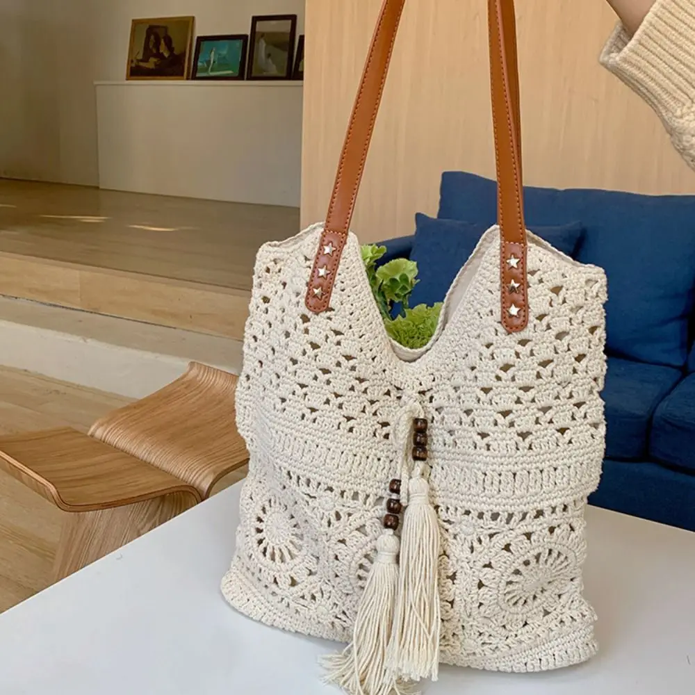 

Простая сумка-тоут в богемном стиле, вязаная крючком, с ажурным узором, большая вместимость, сумка в стиле бохо, этнический стиль, вязаная сумка для студентов