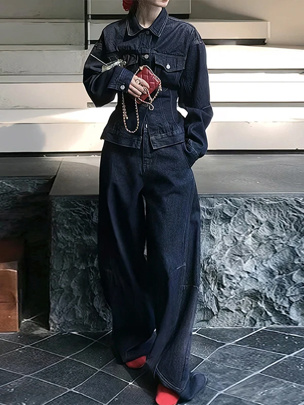 

Джинсовый комплект с высокой талией и широкими штанинами для женщин больших размеров, винтажный, оригинального цвета, в корейском стиле, стройнящий, верхняя одежда, костюм из двух предметов