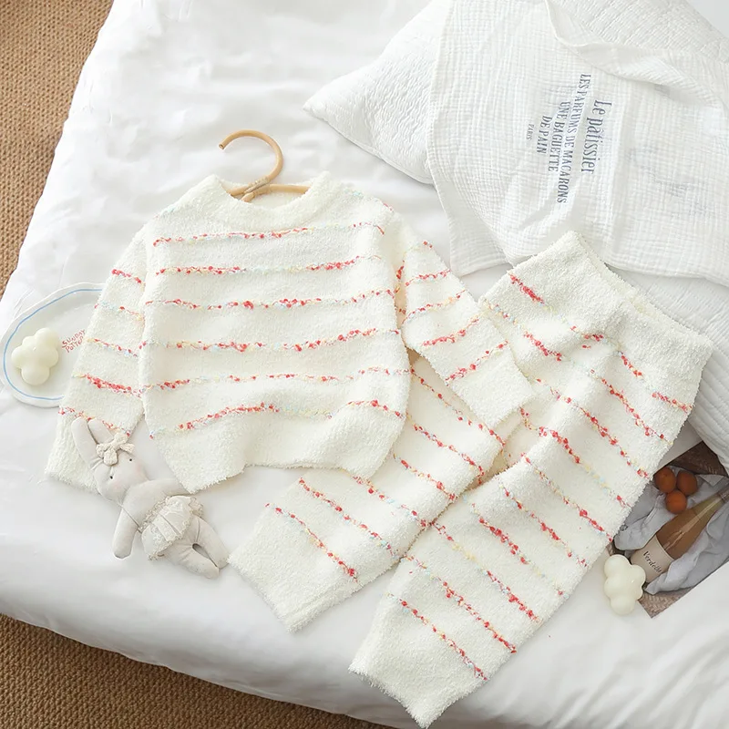 

Осень-зима, детский пижамный комплект из 2 предметов для девочек, полосатый флисовый теплый детский топ для девочек, бархатные мягкие леггинсы, одежда для отдыха для маленьких девочек