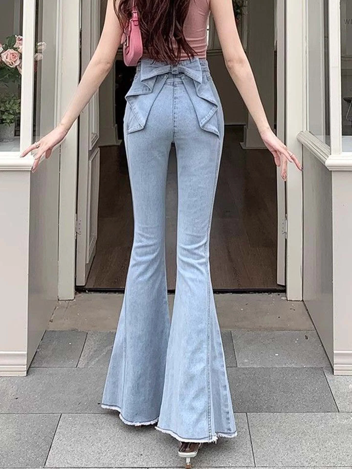 

3D High Waist Slimming Denim Jeans Women's Spring Bell Bottoms Tummy Control Bootcut Frayed Casual High Waist