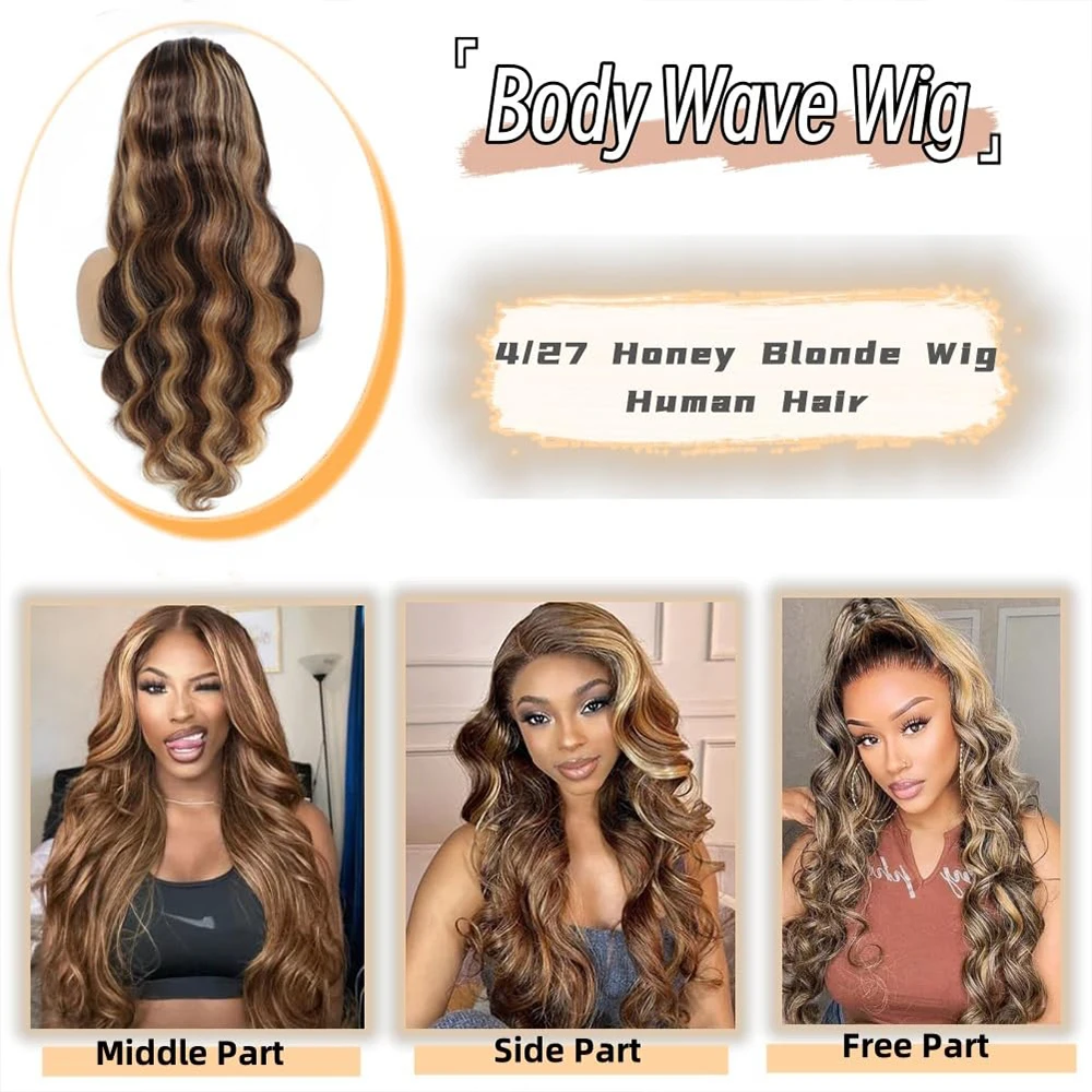 34 Inch Honey Blonde Ombre Body Wave Lace Front Wigs Human Hair 200 Density 4/27 Highlight 13x4 Lace Front Natural Black Wig Human Hair for Women Glueless Wigs Human Hair Pre Plucked HD Lace Frontal Wig