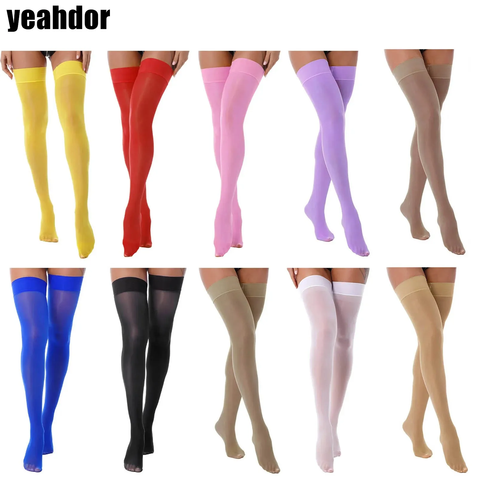 

Womens Glossy Stockings See-through Thin Shiny Solid Color Elastic Sheer Thigh High Socks