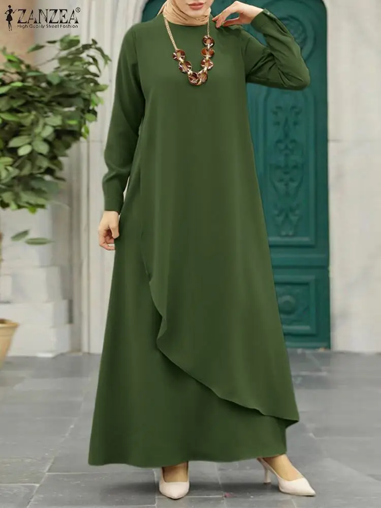 Stylish Women Long Sleeve Solid Asymmetrical Hem Dress ZANZEA Eid Mubarek Ramadan Maxi Sundress Casual Loose Muslim Vestidos