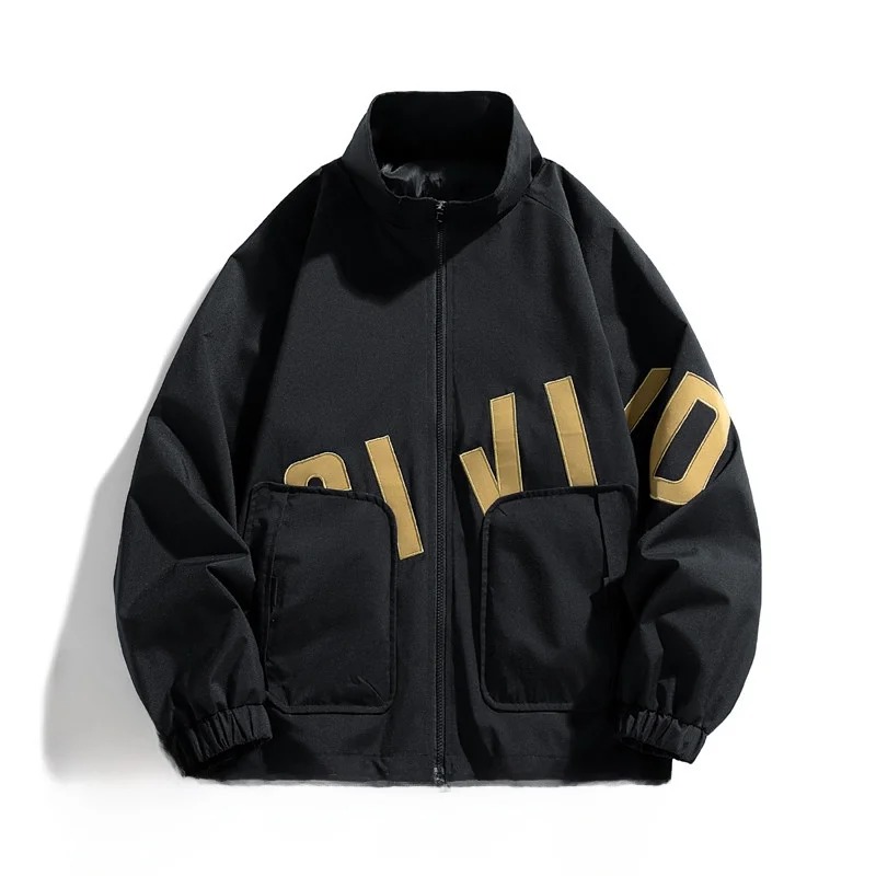 

Premium Feel Patchwork Jacket Men's Spring Autumn Trendy Brand Short Style Youthful Outerwear Polyester Windproof Zipper