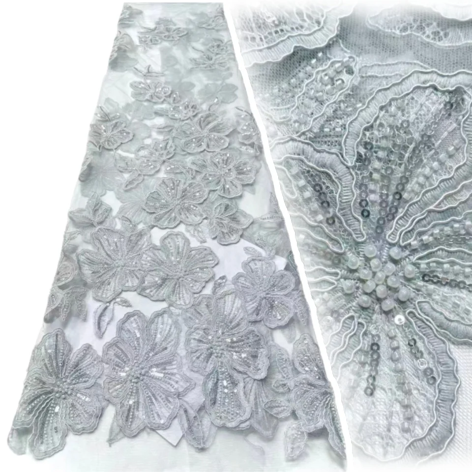 African Sequin Embroidered Lace Fabric Fashion French Beaded Tulle Lace Fabric Suitable for Bridal Party Wedding Dresses 2165