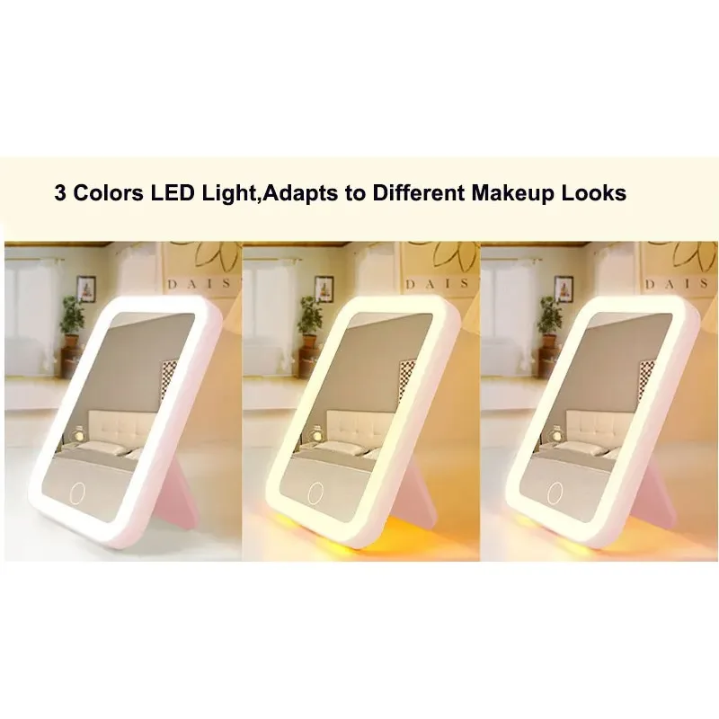 3 Brightness Dimming LED Vanity Mirror, Portable 3-Color Touch Screen Mirror with USB Rechargeable Function