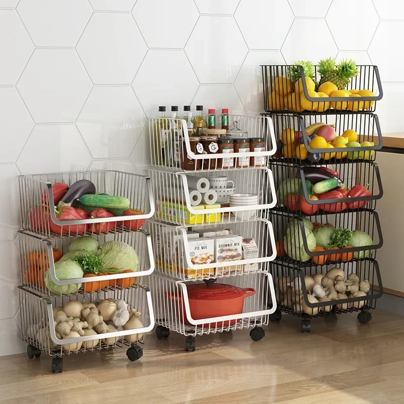 Kitchen Storage Rack Floor Multi-layer Movable Fruit and Vegetable Toy Pot Rack Storage Basket Stainless Steel Trolley Basket