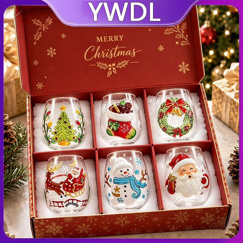 YWDL Christmas Glass Cup 350ml High Borosilicate 3D Hand Painted Xmas Tree Snowman Santa Wreath Tumbler Holiday Drinkware Gift