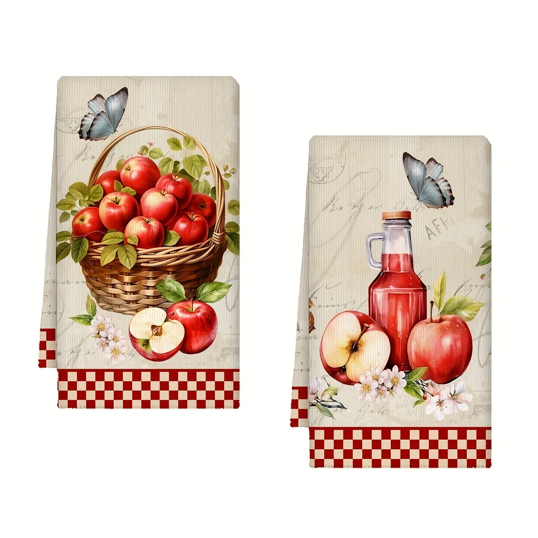 2Pcs, Red Apple and Juice Bottle Vintage Kitchen Towels, 40Cm*60Cm Towel Set, Super Absorbent Soft Cleaning Cloth, Cooking and Baking Tea Towel, Hand Towel, Cleaning Cloth, Dishcloth, Kitchen Decoration, Living Room Decorations, Kitchen Essentials, Home Essentials