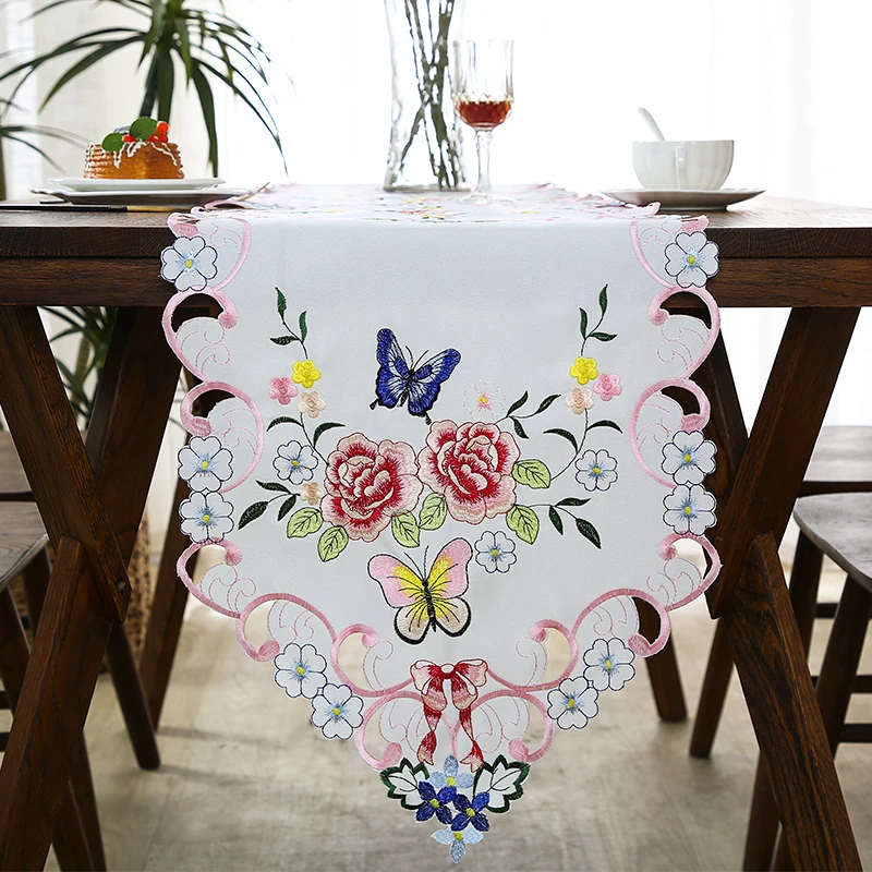 A Handmade Cut Out Embroidered Small Butterfly Flower Table Runner, Modern Style Polyester Fiber Embroidered Cut Out Table Runner, Suitable for Dining Table, Coffee Table, Tv Cabinet, Shoe Cabinet, Drawer Cabinet, Daily Home Festival and Wedding Party