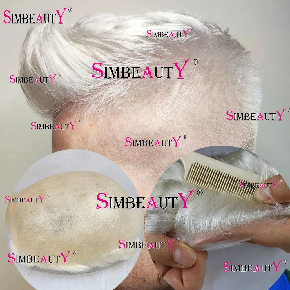 

#60R White Platinum Blonde Natural Hairline Men Toupee 100% Human Hair 0.04-0.06mm Super Thin Skin Capillary Prosthesis System