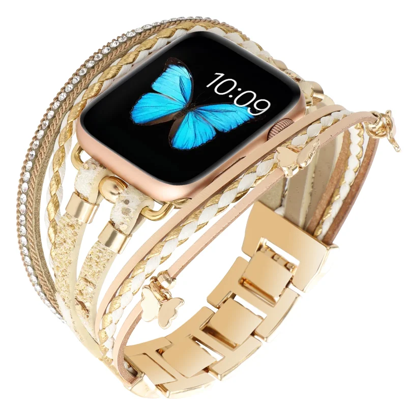 

Metal+Leather Strap For Apple Watch 9 8 7 45mm 41mm 10 46mm42mm Women jewelry wrist strap For iwatch 6 5 4 SE44mm 42mm 40mm Belt